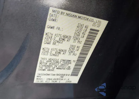 2010 Infiniti Qx56 z USA, uszkodzony, nr VIN 5N3ZA0NF7AN909894